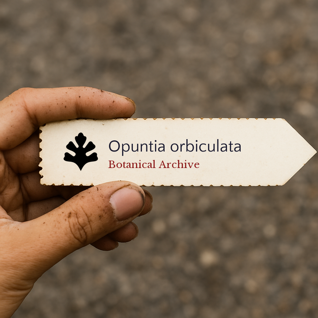 Printed plant label for Opuntia orbiculata with botanical archive logo held by hand