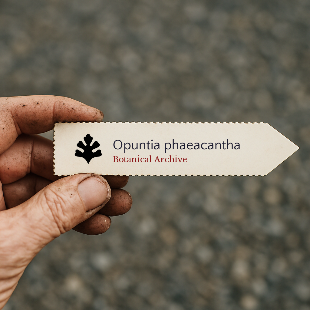 Etichetta stampata per Opuntia phaeacantha con il logo Botanical Archive tenuta a mano