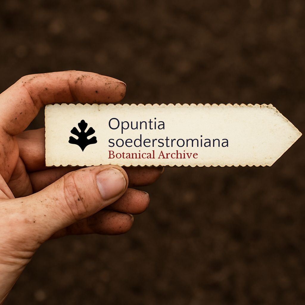 Etichetta per pianta di Opuntia soederstromiana con logo Botanical Archive tenuta a mano