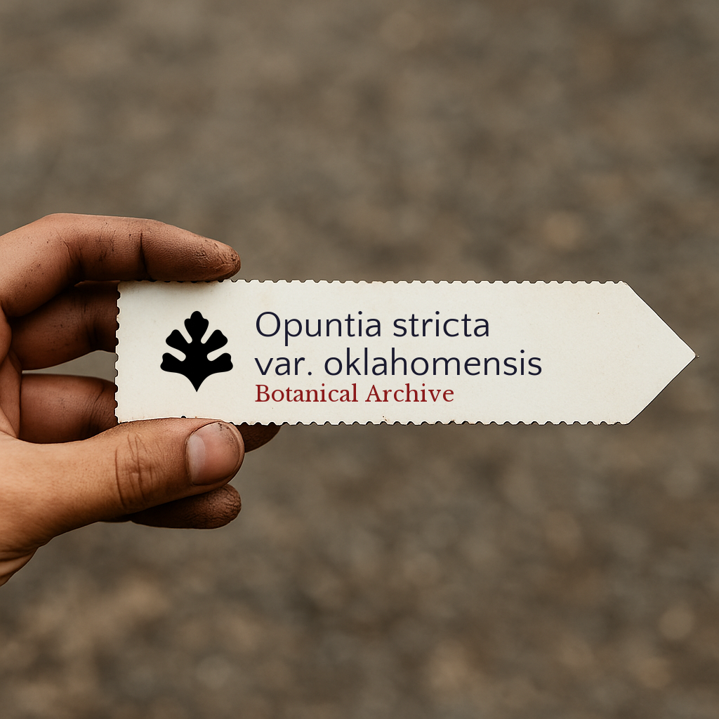Printed plant label for Opuntia stricta var. oklahomensis with botanical archive logo