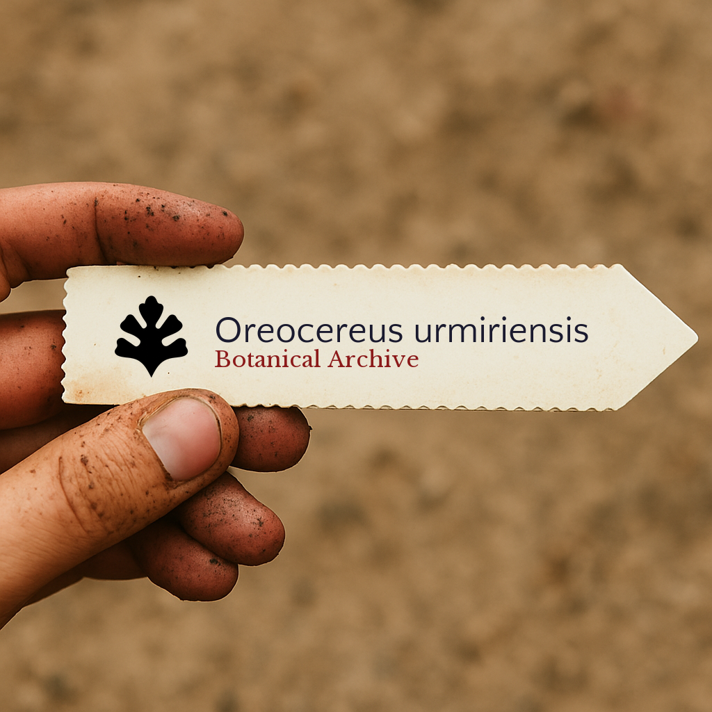 Etichetta per pianta stampata per Oreocereus urmiriensis tenuta da una mano sporca all'aperto