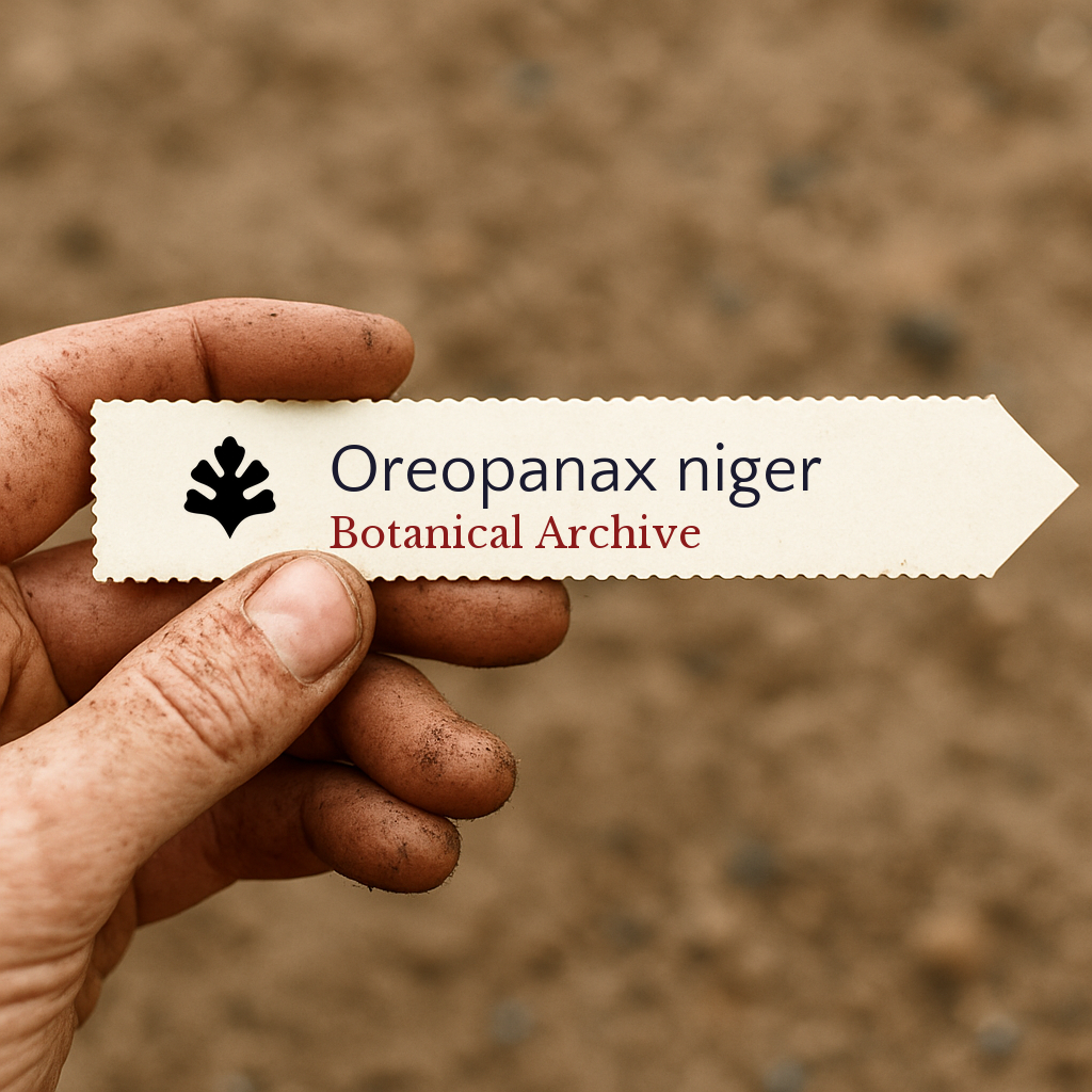 Etichetta per pianta stampata per Oreopanax niger tenuta da mano sporca contro sfondo di terreno