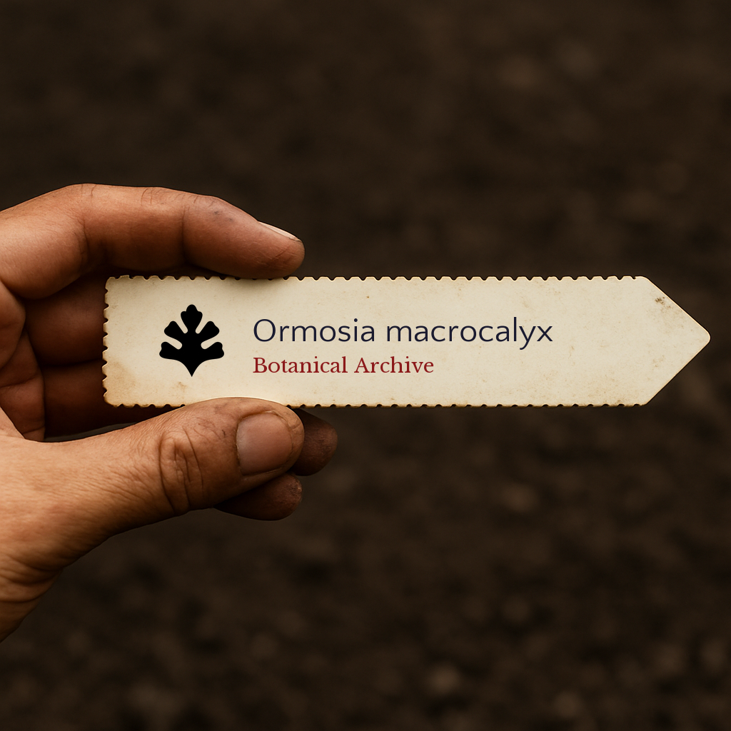 Printed plant label for Ormosia macrocalyx held over soil background
