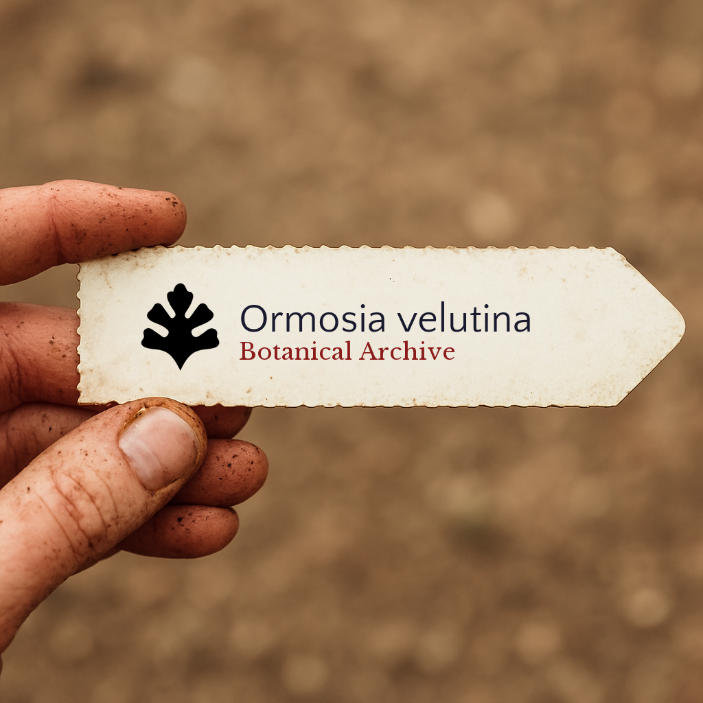 Printed plant label for Ormosia velutina held by dirty hand against soil background