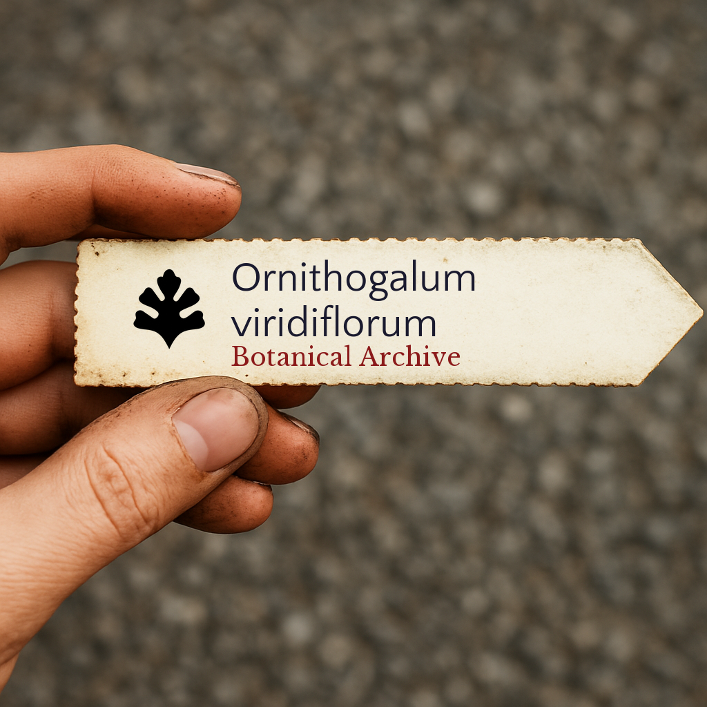 Etichetta per piante stampata per Ornithogalum viridiflorum tenuta a mano con bordi consumati