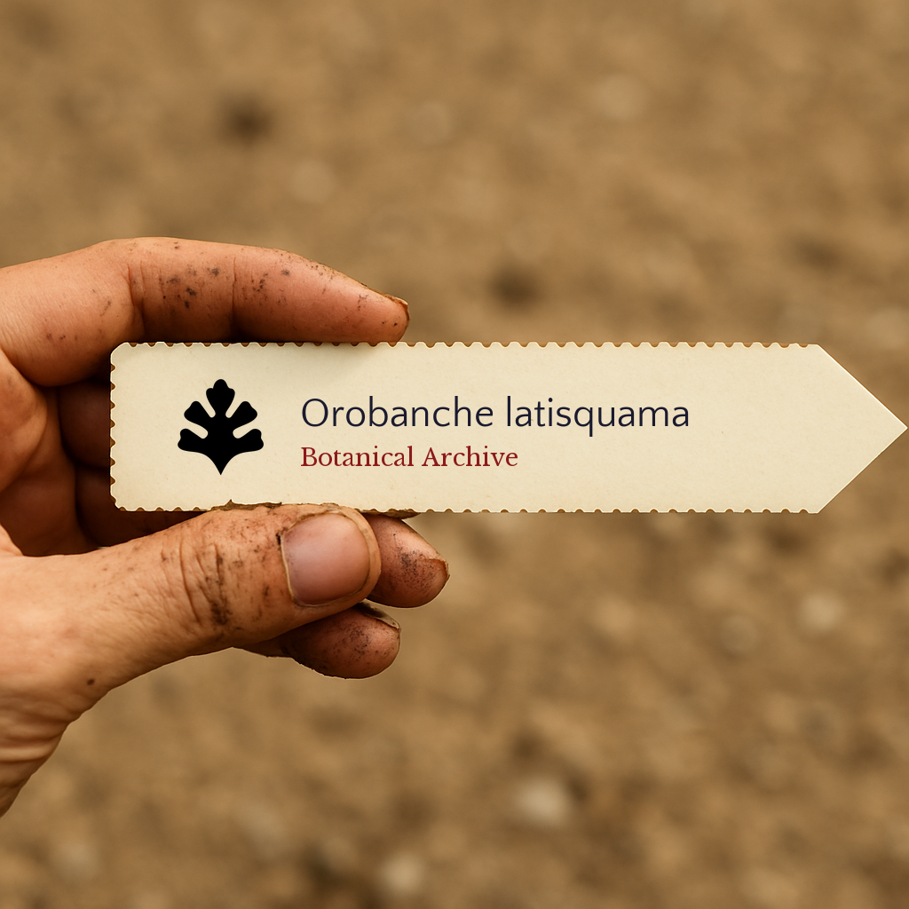 Etichetta stampata per pianta di Orobanche latisquama tenuta da mano sporca con sfondo di terra