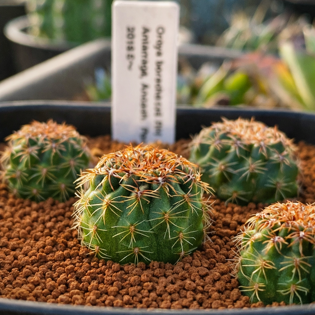 Oroya borchersii piccolo cactus rotondo con fitte spine dorate in terreno ghiaioso