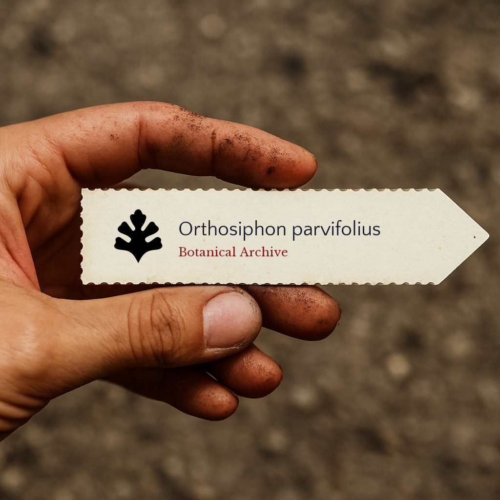 Etichetta stampata per pianta di Orthosiphon parvifolius tenuta da mano sporca all'aperto