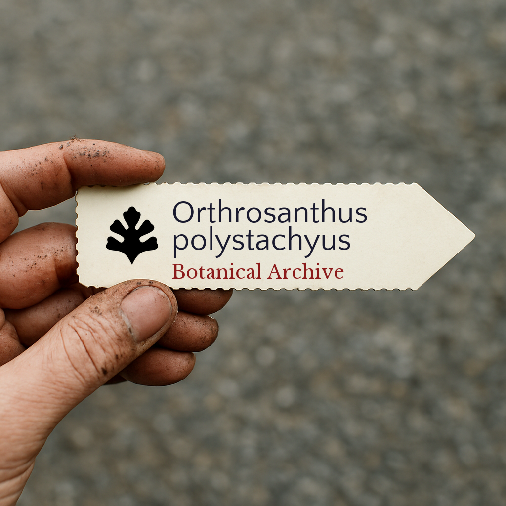 Etichetta stampata per pianta di Orthrosanthus polystachyus tenuta da mano sporca all'aperto