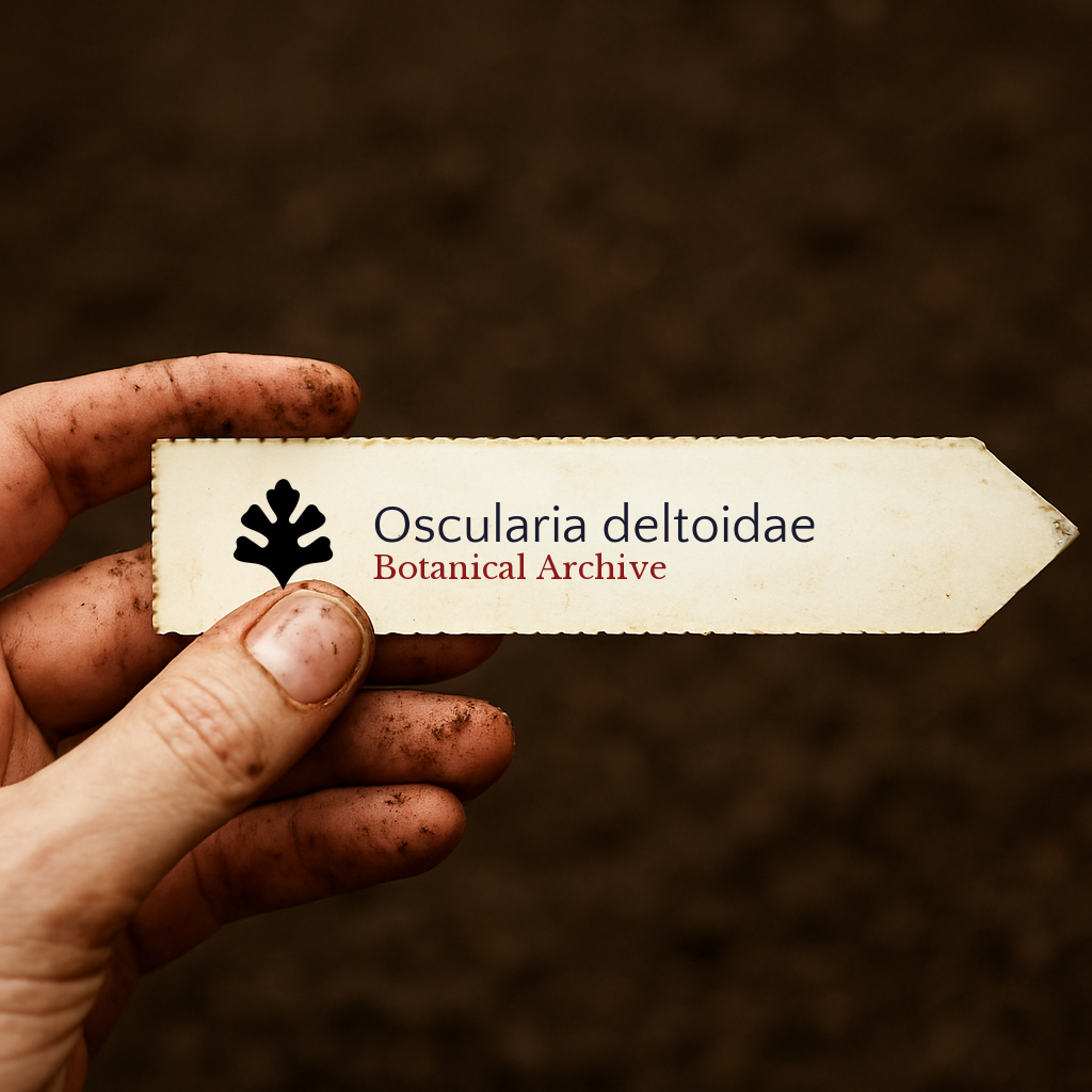 Printed plant label for Oscularia deltoidae held by dirty hand over soil background