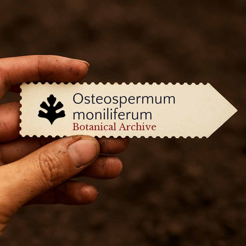 Etichetta per piante stampata per Osteospermum moniliferum tenuta da una mano sporca su sfondo di terreno