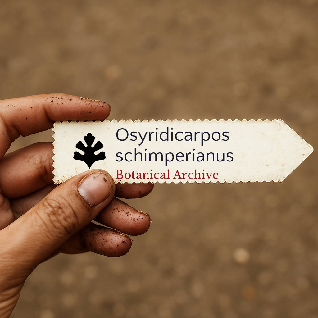 Etichetta per pianta stampata di Osyridicarpos schimperianus tenuta a mano con terreno sulle dita