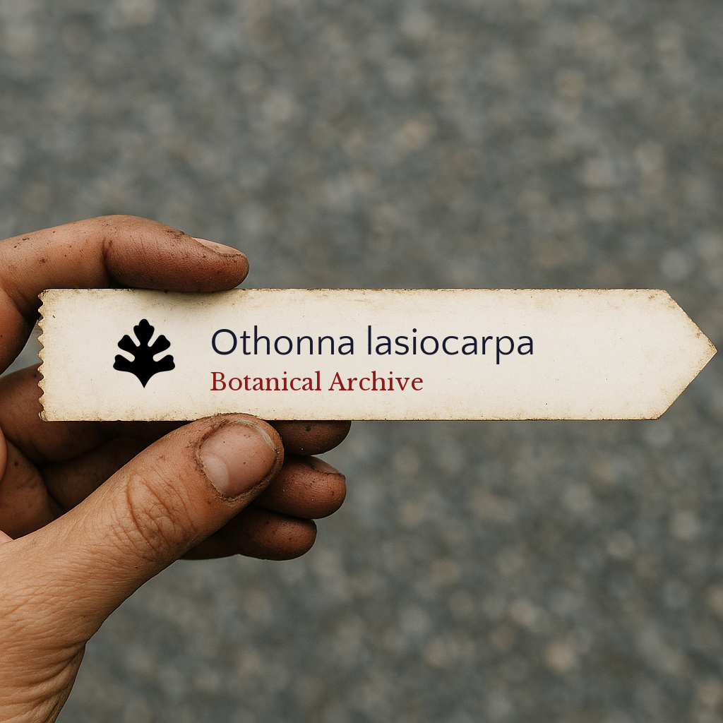 Printed plant label for Othonna lasiocarpa held by hand with dirt on fingers