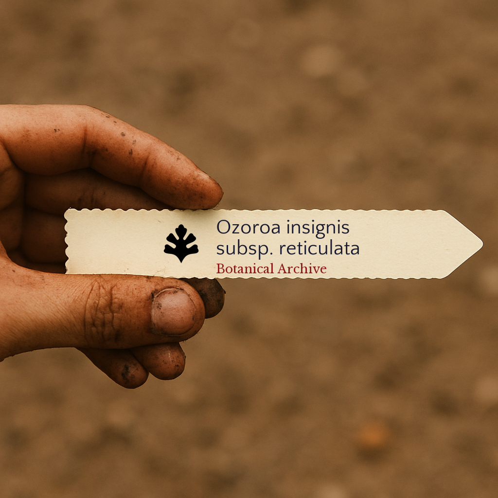 Printed plant label for Ozoroa insignis subsp. reticulata held by hand with soil background