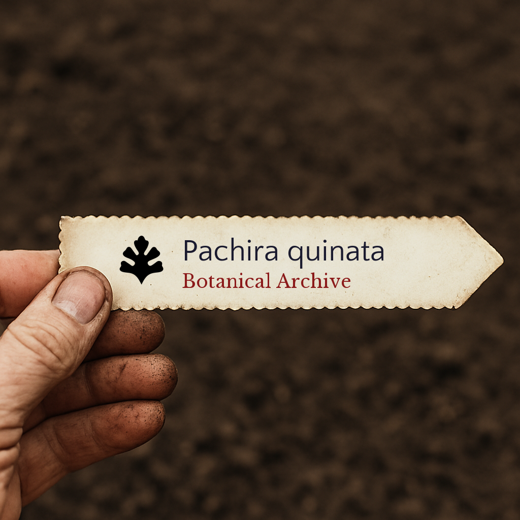 Etichetta per pianta stampata per Pachira quinata tenuta in mano su sfondo di terreno