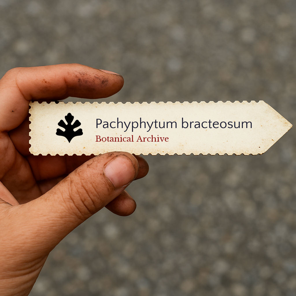Etichetta per pianta stampata per Pachyphytum bracteosum tenuta a mano con sfondo di terra