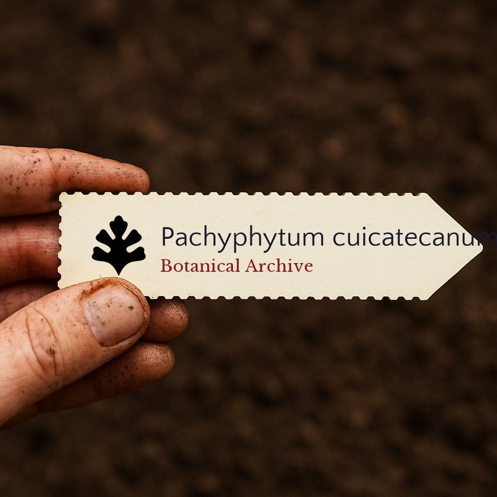Etichetta stampata per pianta Pachyphytum cuicatecanum su sfondo di terra