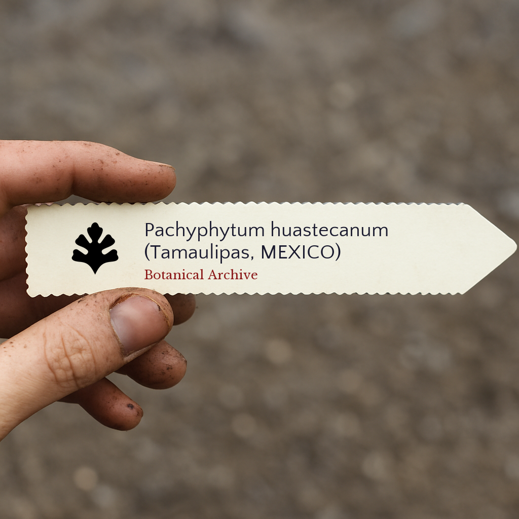 Printed plant label for Pachyphytum huastecanum with botanical archive logo held by hand