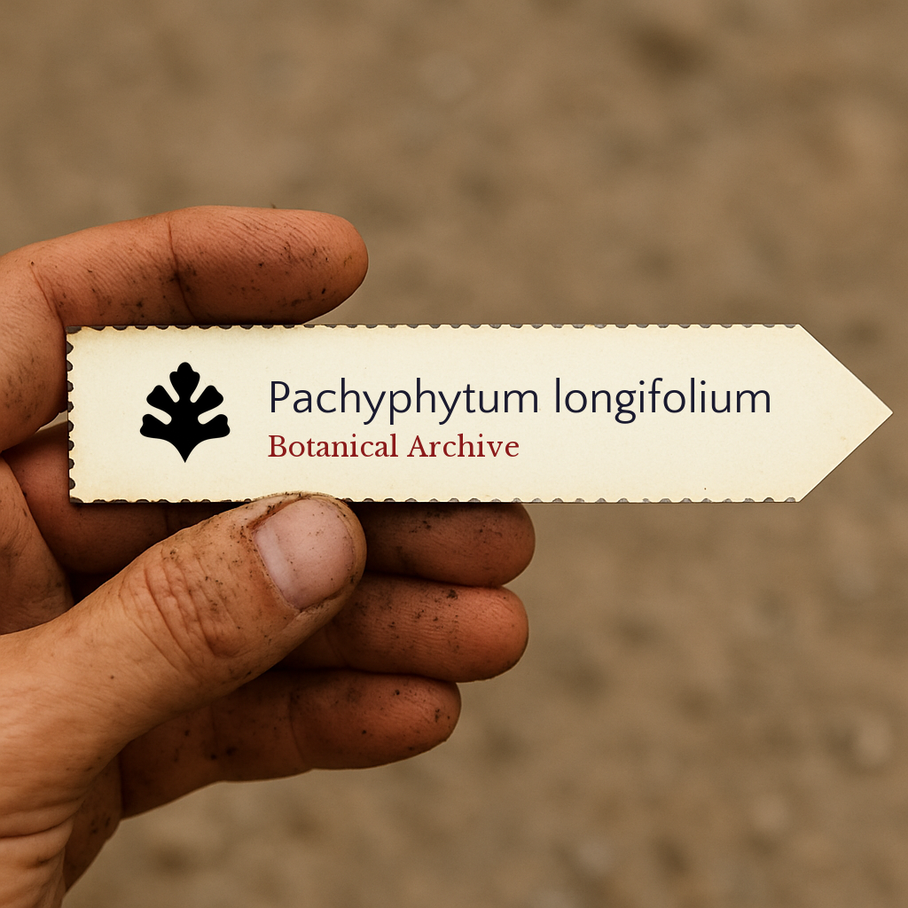 Printed plant label for Pachyphytum longifolium held by dirty hand outdoors