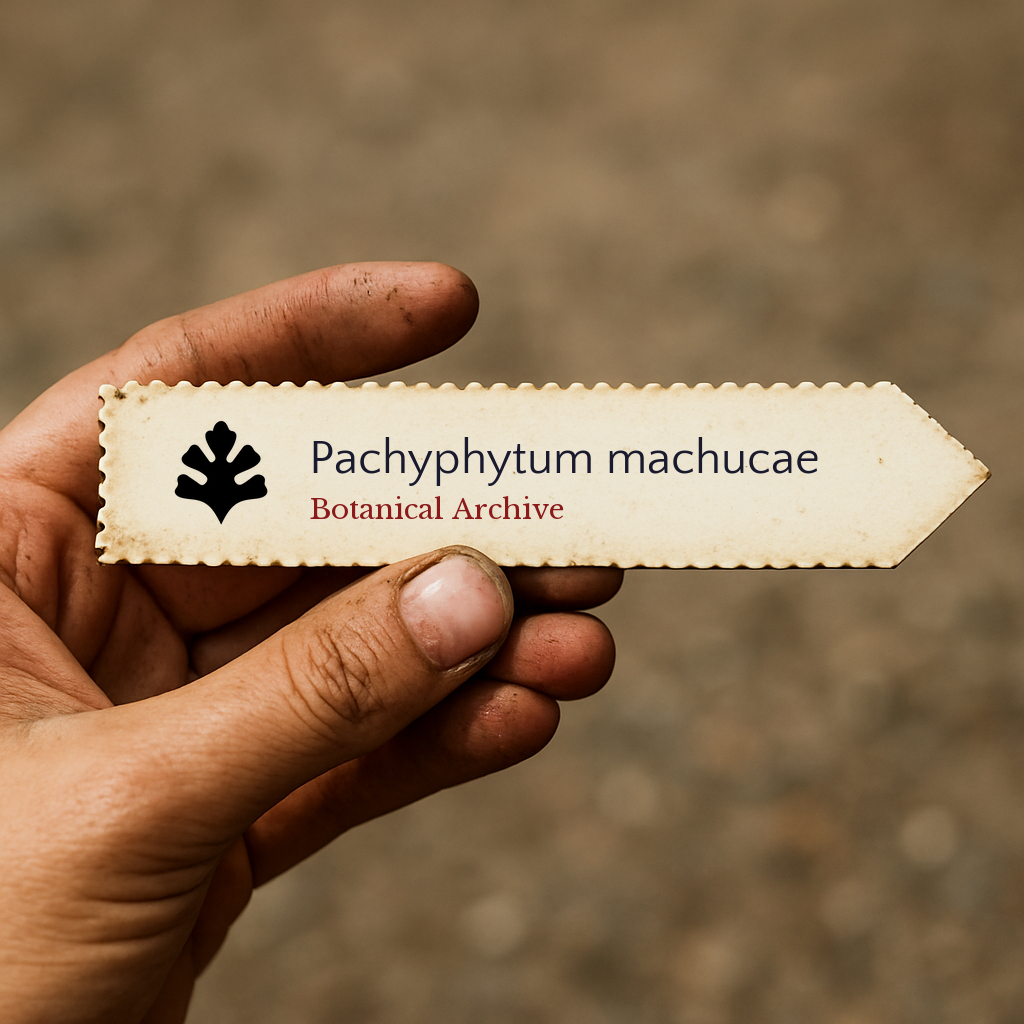 Etichetta con pianta stampata per Pachyphytum machucae tenuta in mano con sfondo sfocato