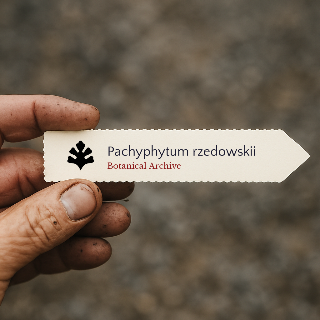 Etichetta stampata per pianta Pachyphytum rzedowskii tenuta a mano con sfondo di terra