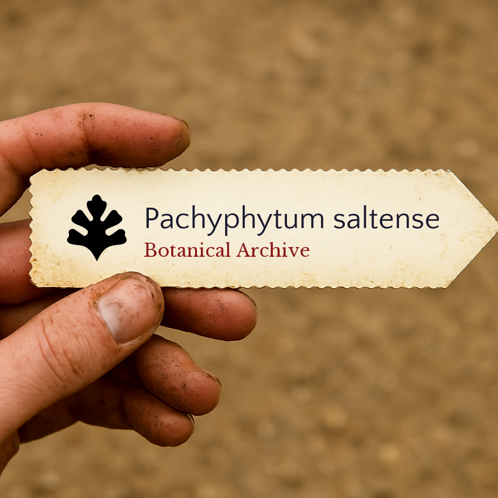 Printed plant label for Pachyphytum saltense held by dirty hand outdoors