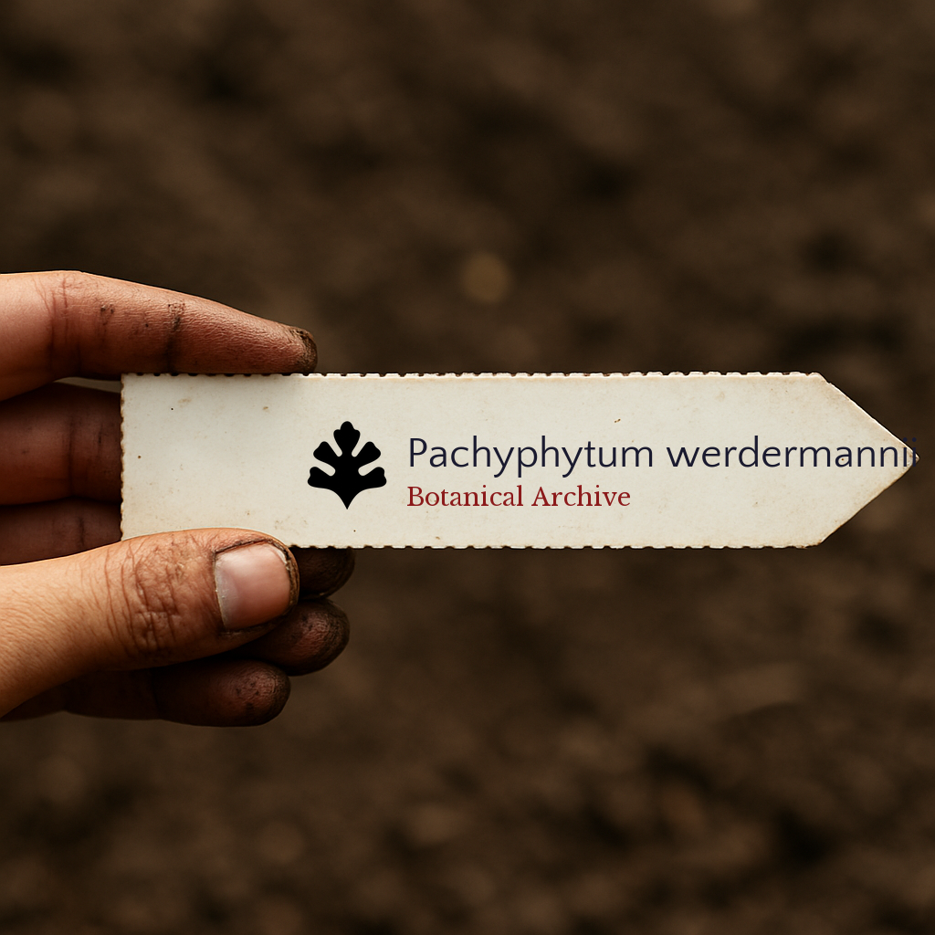 Etichetta stampata per pianta di Pachyphytum werdermannii tenuta sopra lo sfondo del terreno