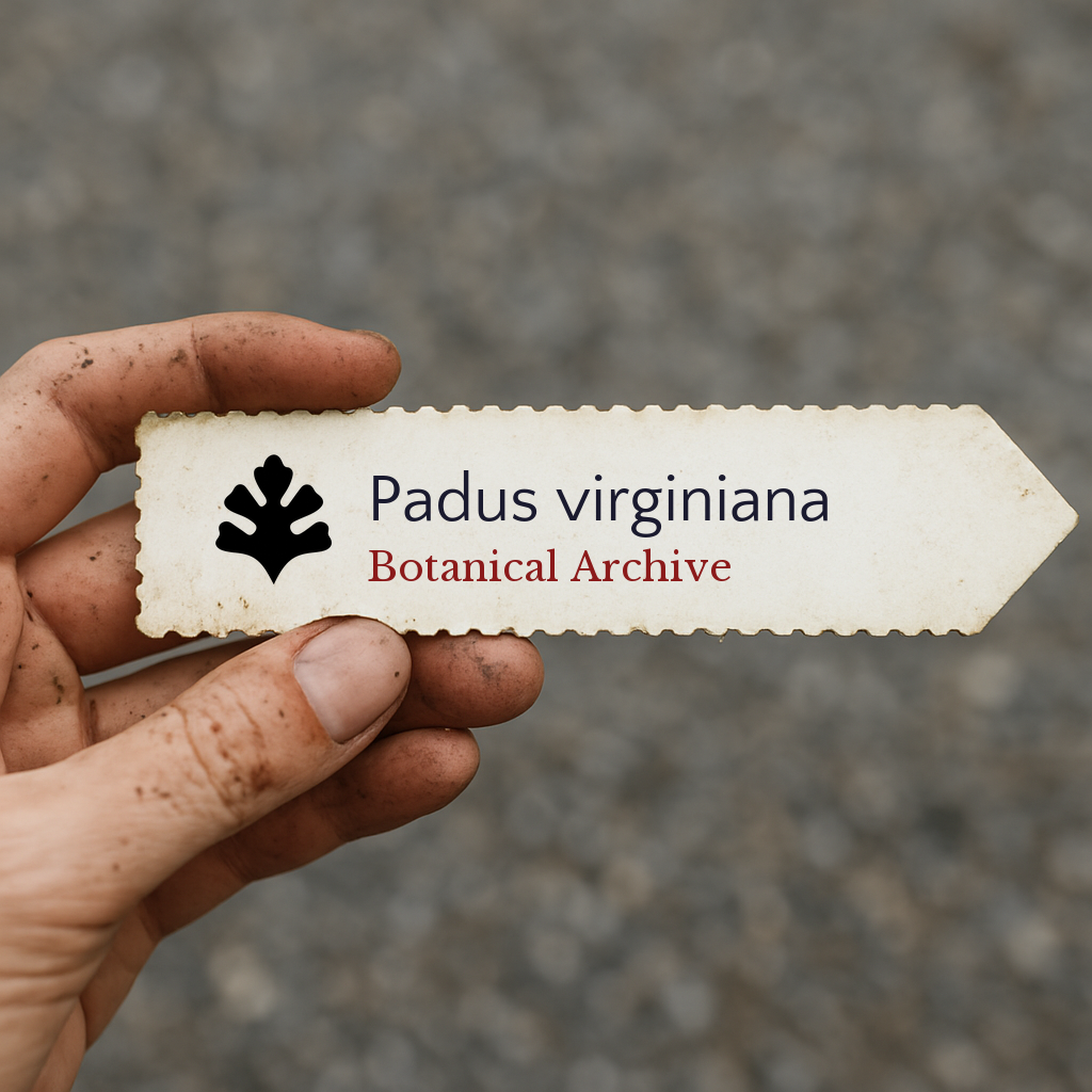 Etichetta stampata per pianta di Padus virginiana tenuta da mano sporca con forma a freccia