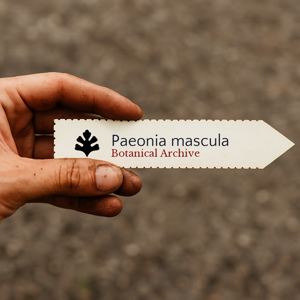 Printed plant label for Paeonia mascula held by dirty hand outdoors