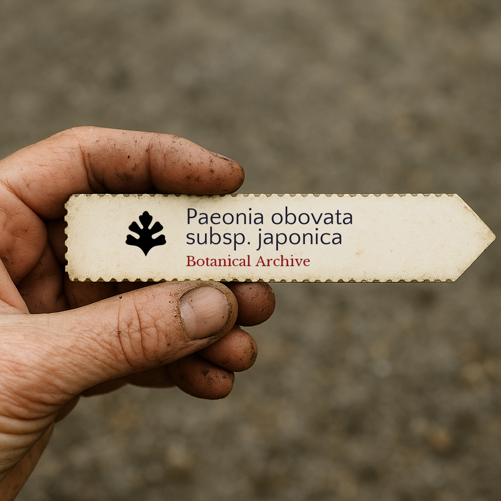 Printed plant label for Paeonia obovata subsp. japonica held by dirty hand outdoors