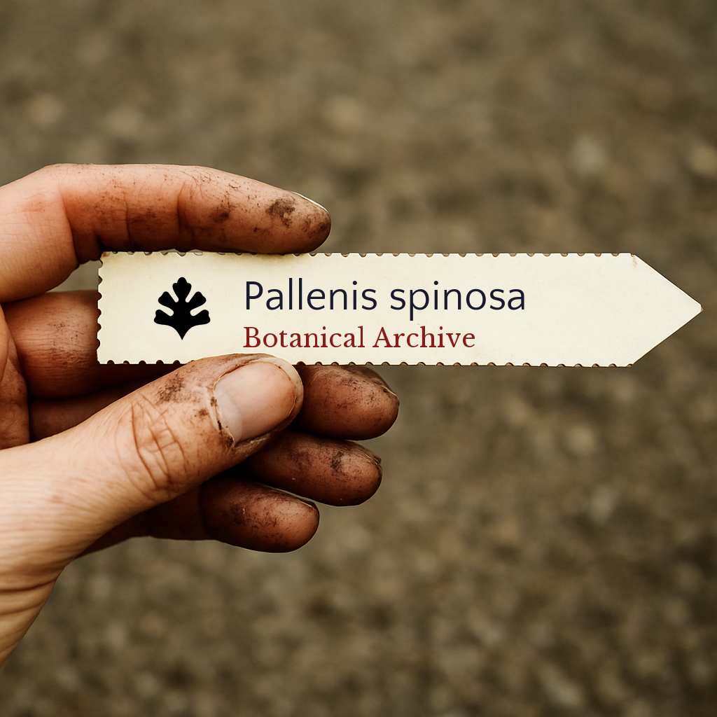 Printed plant label for Pallenis spinosa held by dirty hand outdoors