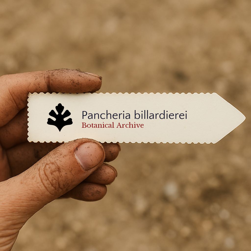 Printed plant label for Pancheria billardierei held by dirty hand over soil background