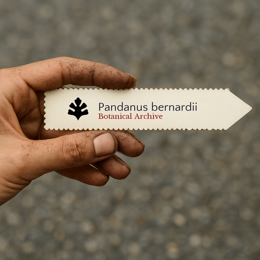 Printed plant label for Pandanus bernardii held by a dirty hand outdoors