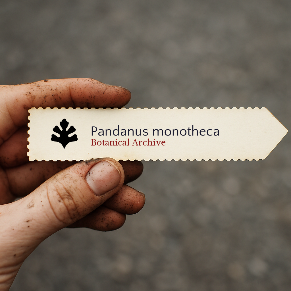 Etichetta stampata per pianta di Pandanus monotheca con logo Botanical Archive tenuta in mano