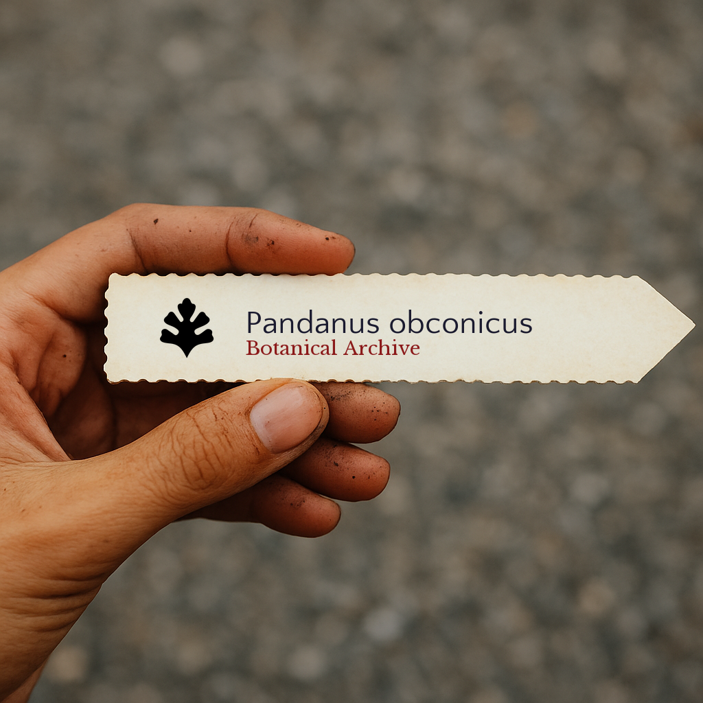 Etichetta stampata per pianta di Pandanus obconicus tenuta a mano con dita macchiate di terra