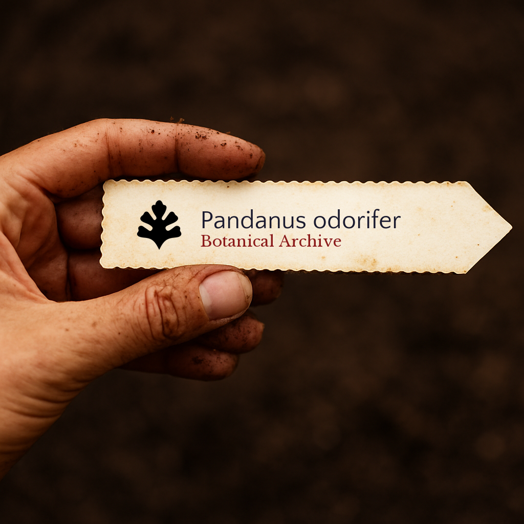 Printed plant label for Pandanus odorifer held by dirty hand over soil background