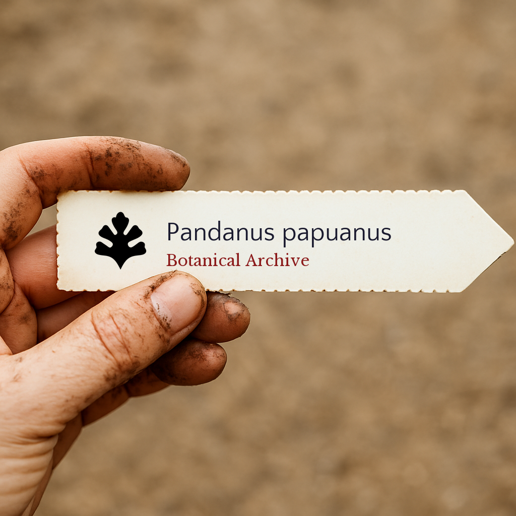 Etichetta stampata per pianta di Pandanus papuanus tenuta da una mano sporca all'aperto
