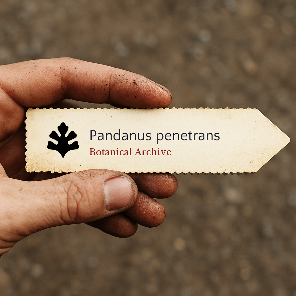 Etichetta per piante stampata per Pandanus penetrans tenuta a mano con dita macchiate di terra
