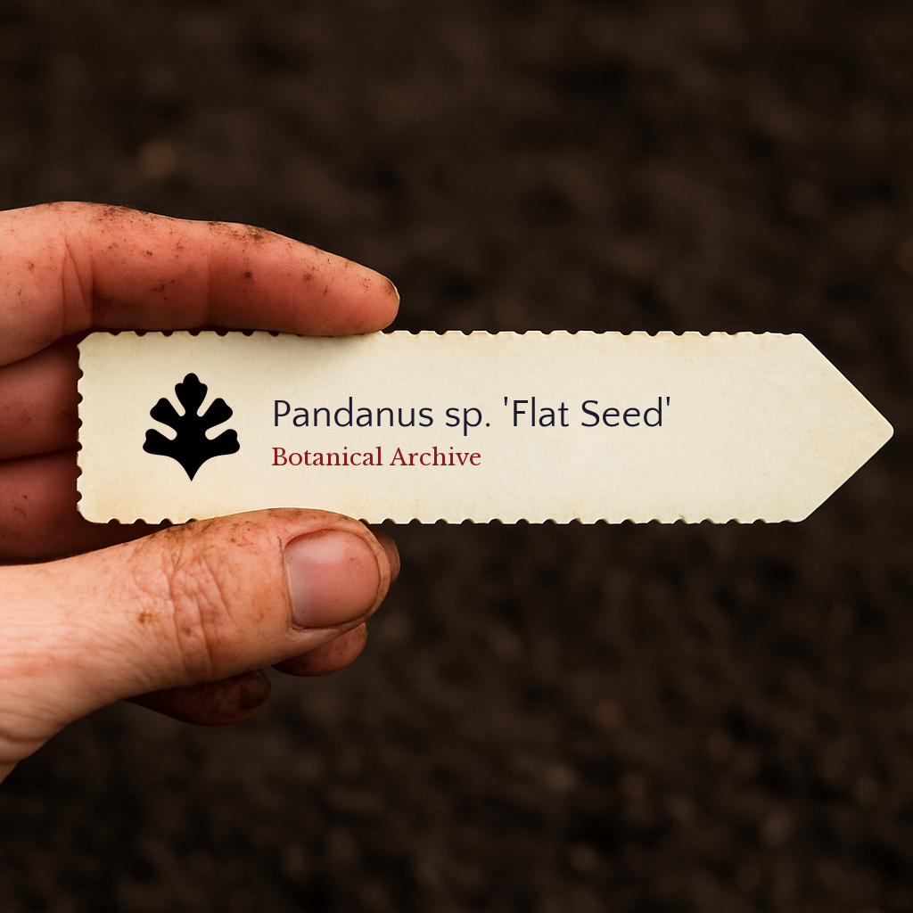 Printed plant label for Pandanus sp. 'Flat Seed' held over soil background