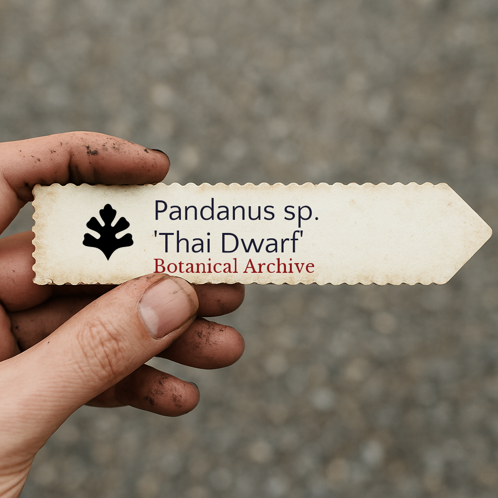 Printed plant label for Pandanus sp. 'Thai Dwarf' held by hand with dirt-stained fingers