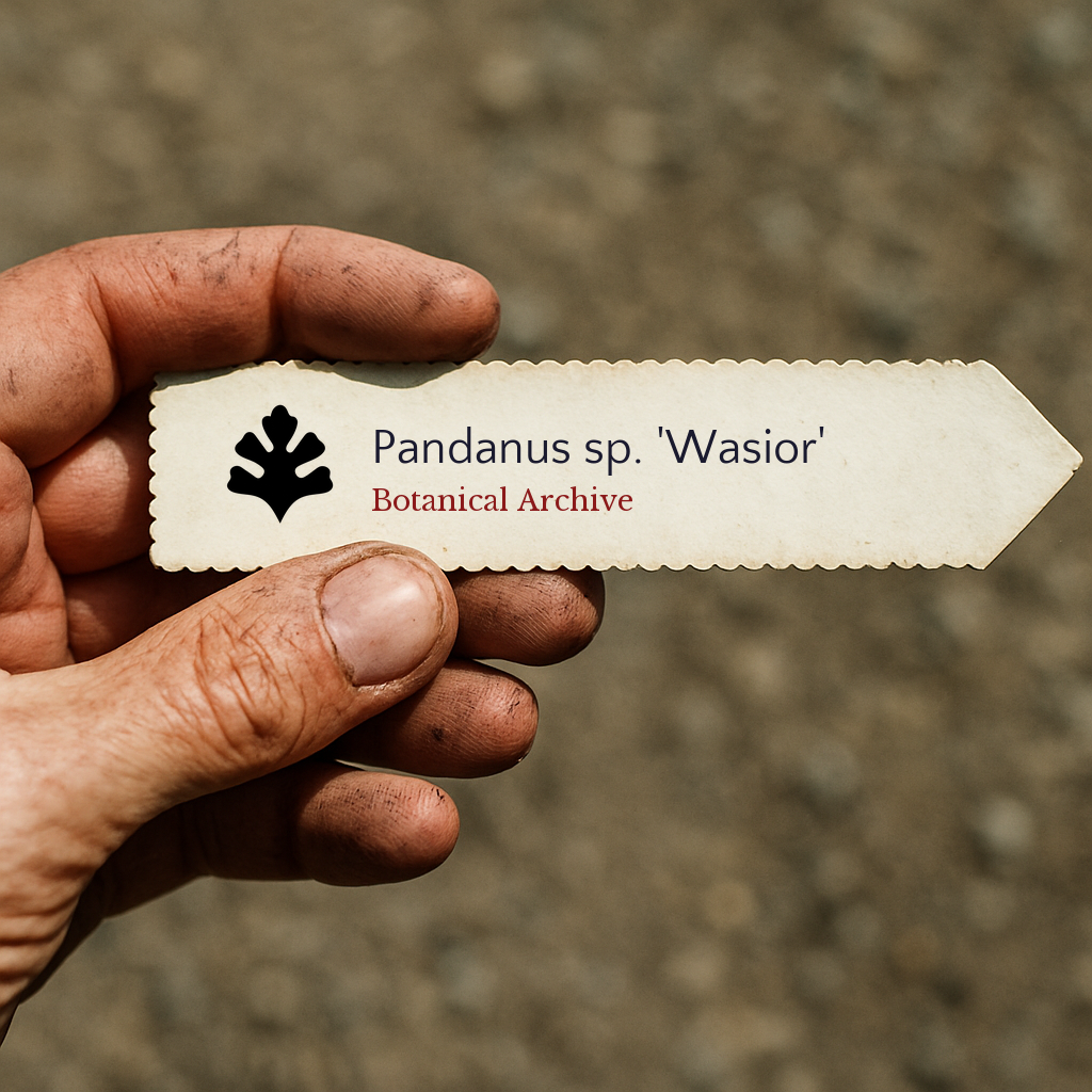 Printed plant label for Pandanus sp. 'Wasior' held by a hand with dirt background