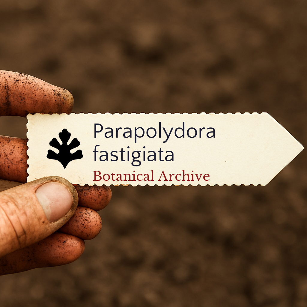 Etichetta vegetale stampata per Parapolydora fastigiata tenuta da mano sporca su sfondo di terreno