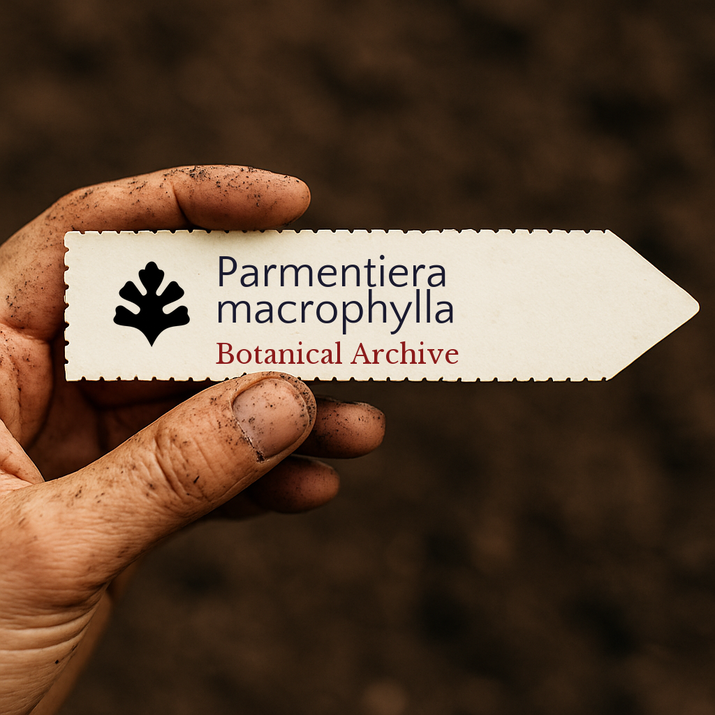 Printed plant label for Parmentiera macrophylla held by dirty hand over soil background