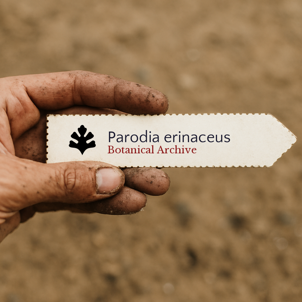 Printed plant label for Parodia erinaceus held by dirty hand over soil background