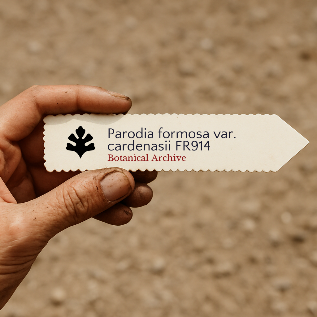 Printed plant label for Parodia formosa var. cardenasii held by hand over soil background