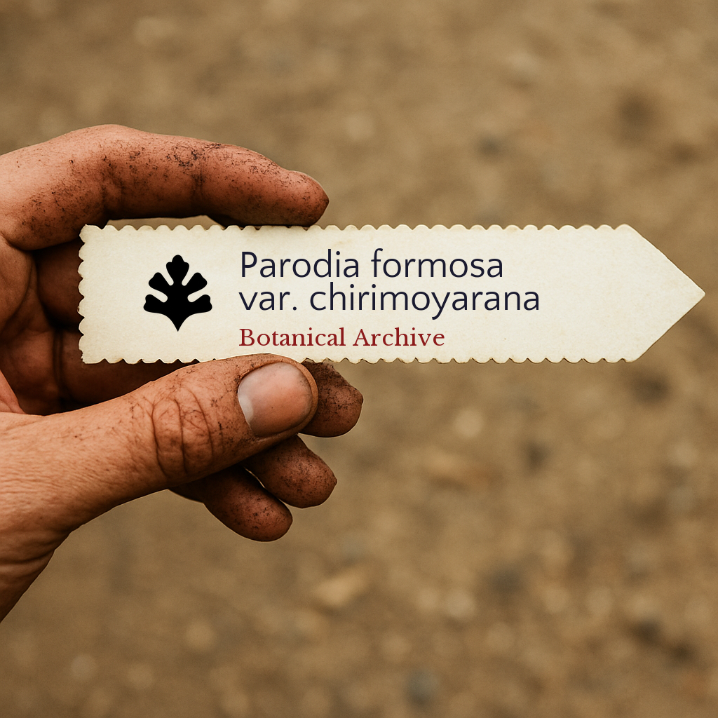 Printed plant label for Parodia formosa var. chirimoyarana held by dirty hand outdoors