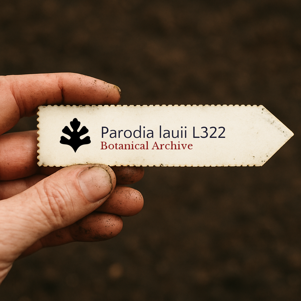 Printed plant label for Parodia lauii L322 held by hand with soil background