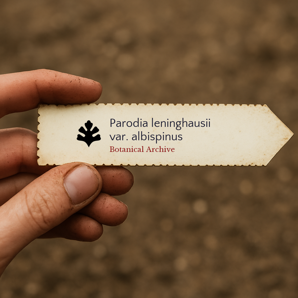 Printed plant label for Parodia leninghausii var. albispinus held by hand with soil background