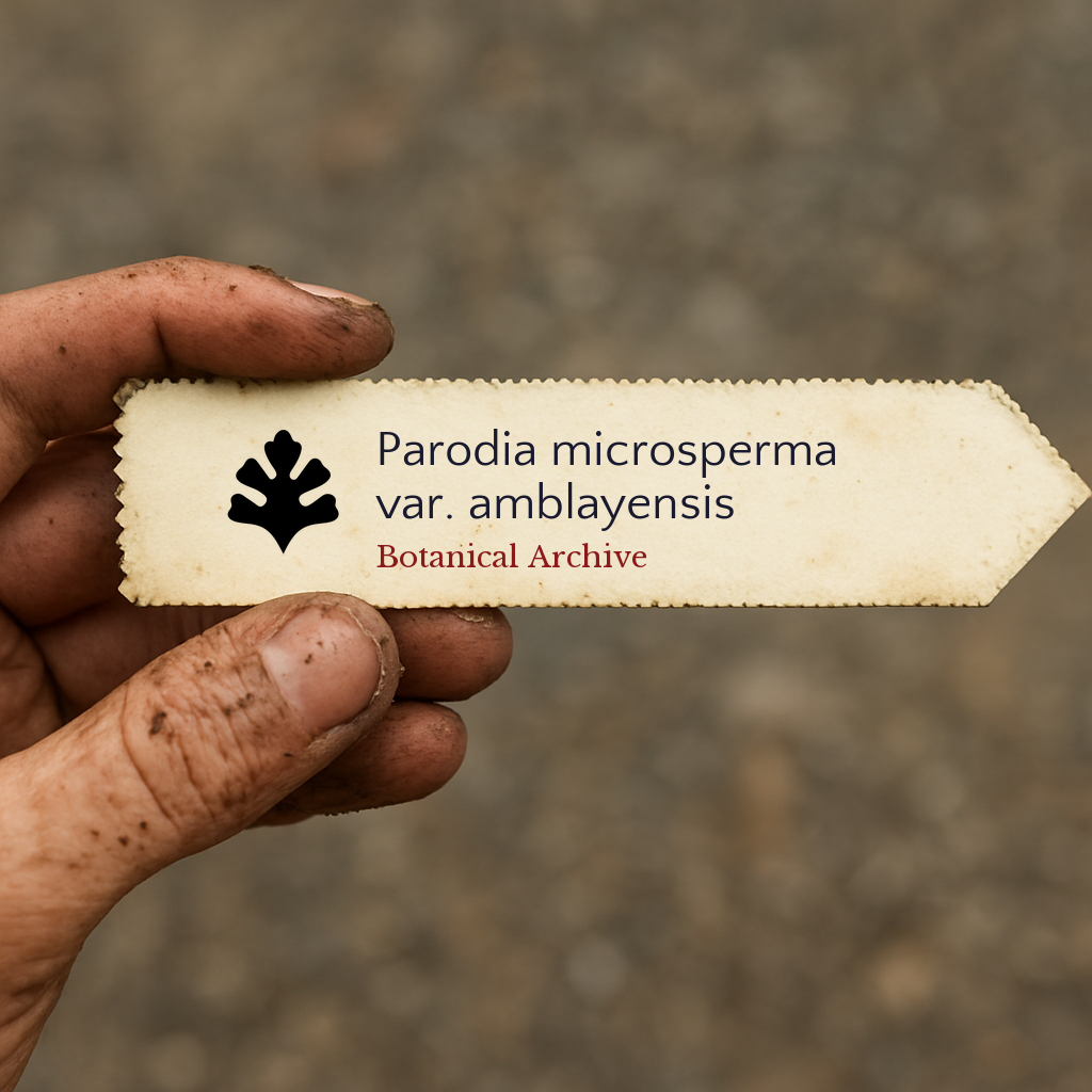 Etichetta stampata per pianta di Parodia microsperma var. amblayensis tenuta da una mano sporca all'aperto