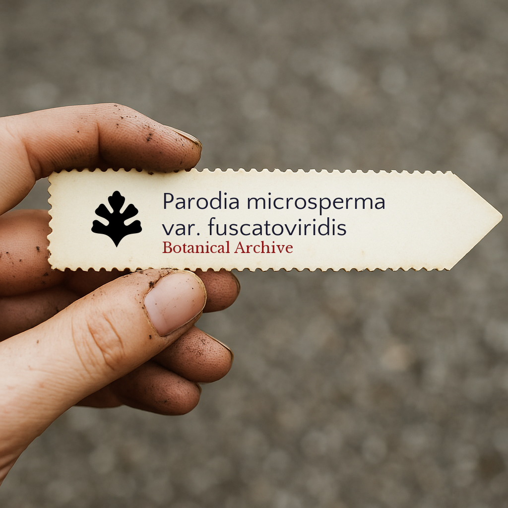 Etichetta della pianta stampata per Parodia microsperma var. fuscatoviridis tenuta da una mano sporca di terra